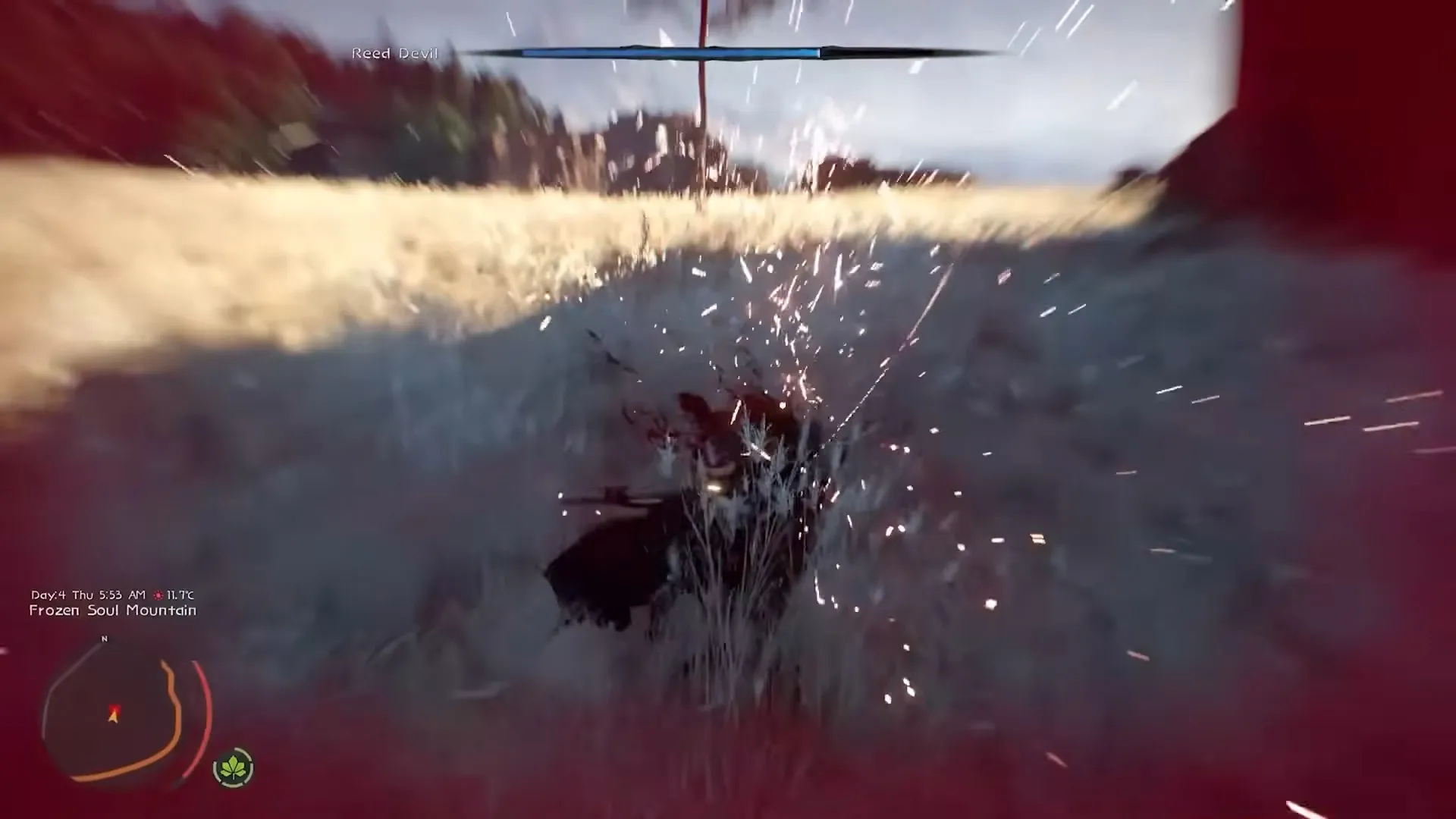 In-game scene with combat action and sparks flying.