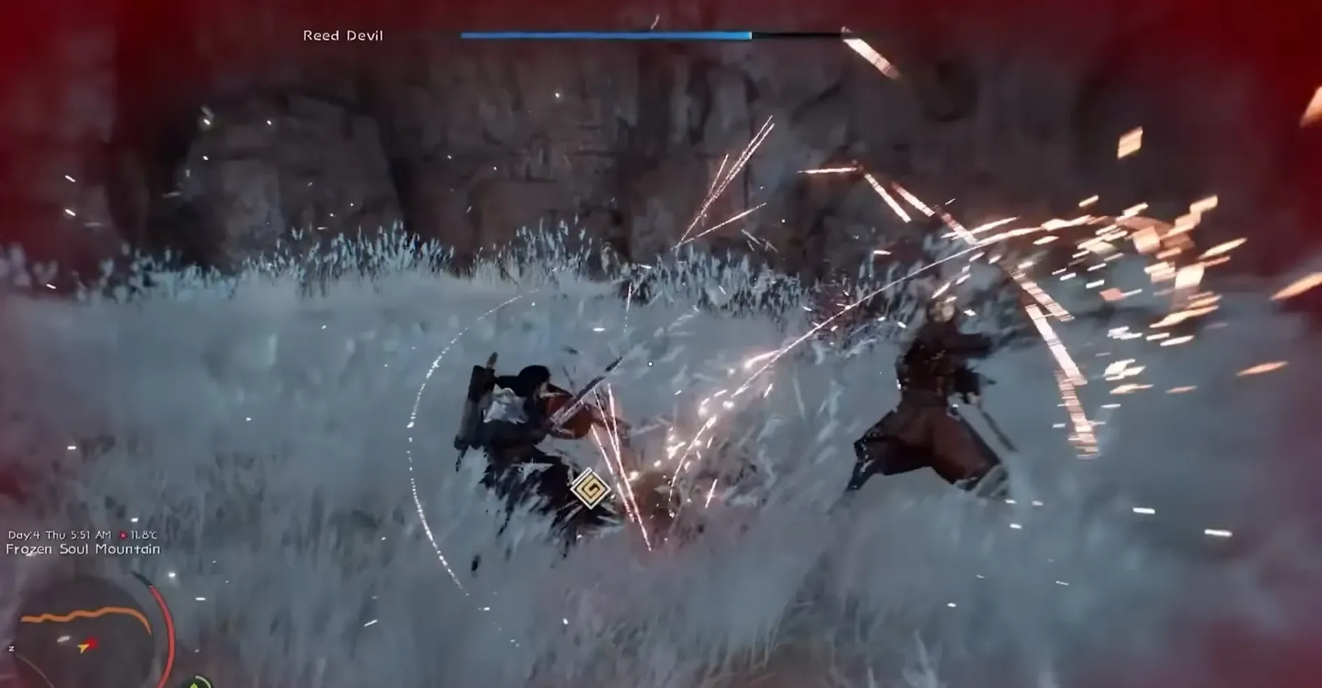 Two warriors engage in a fierce sword battle with sparks flying.