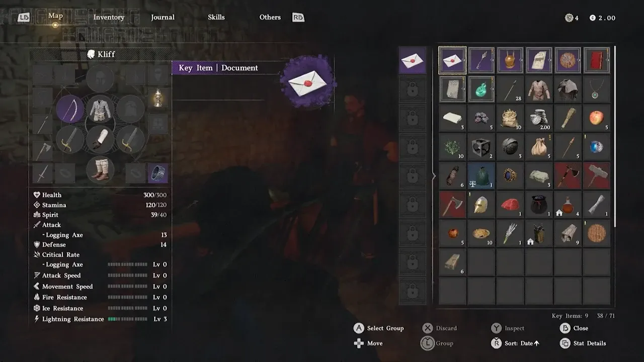 Game inventory screen displaying character stats and items.