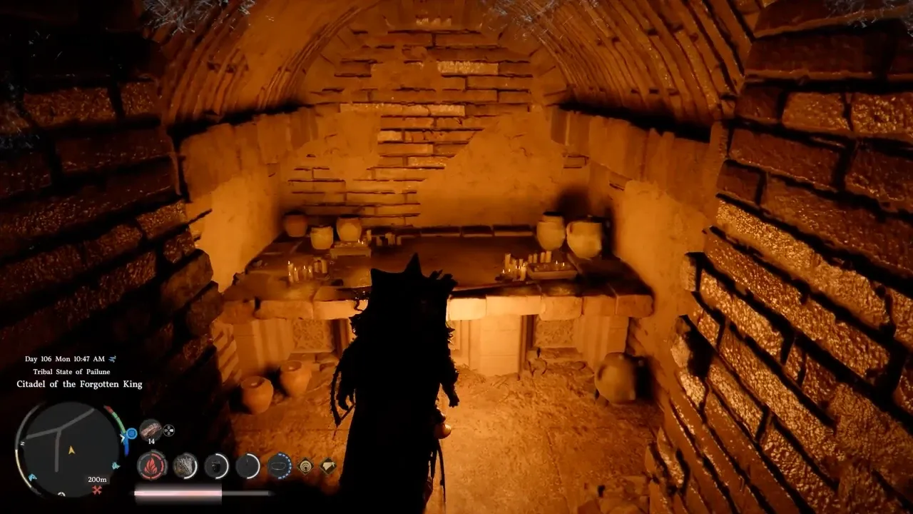 Game character exploring ancient stone chamber with pots.