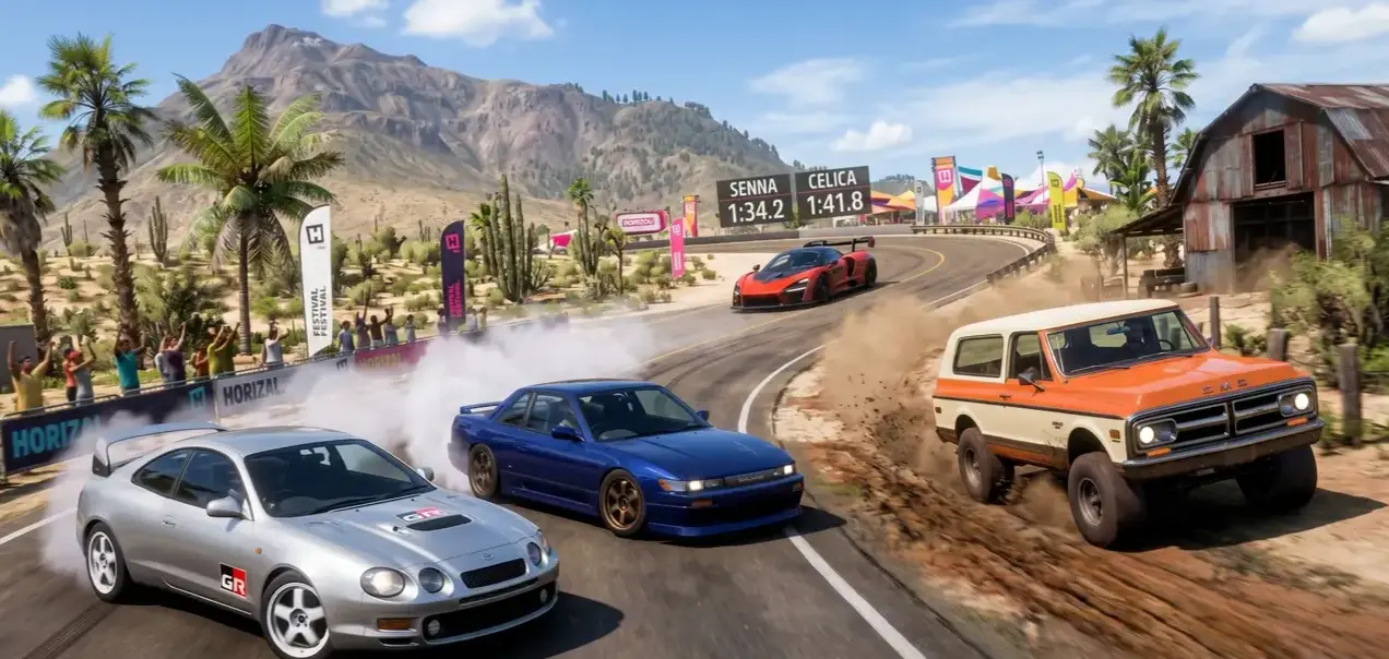 Cars racing on a desert track with spectators cheering.