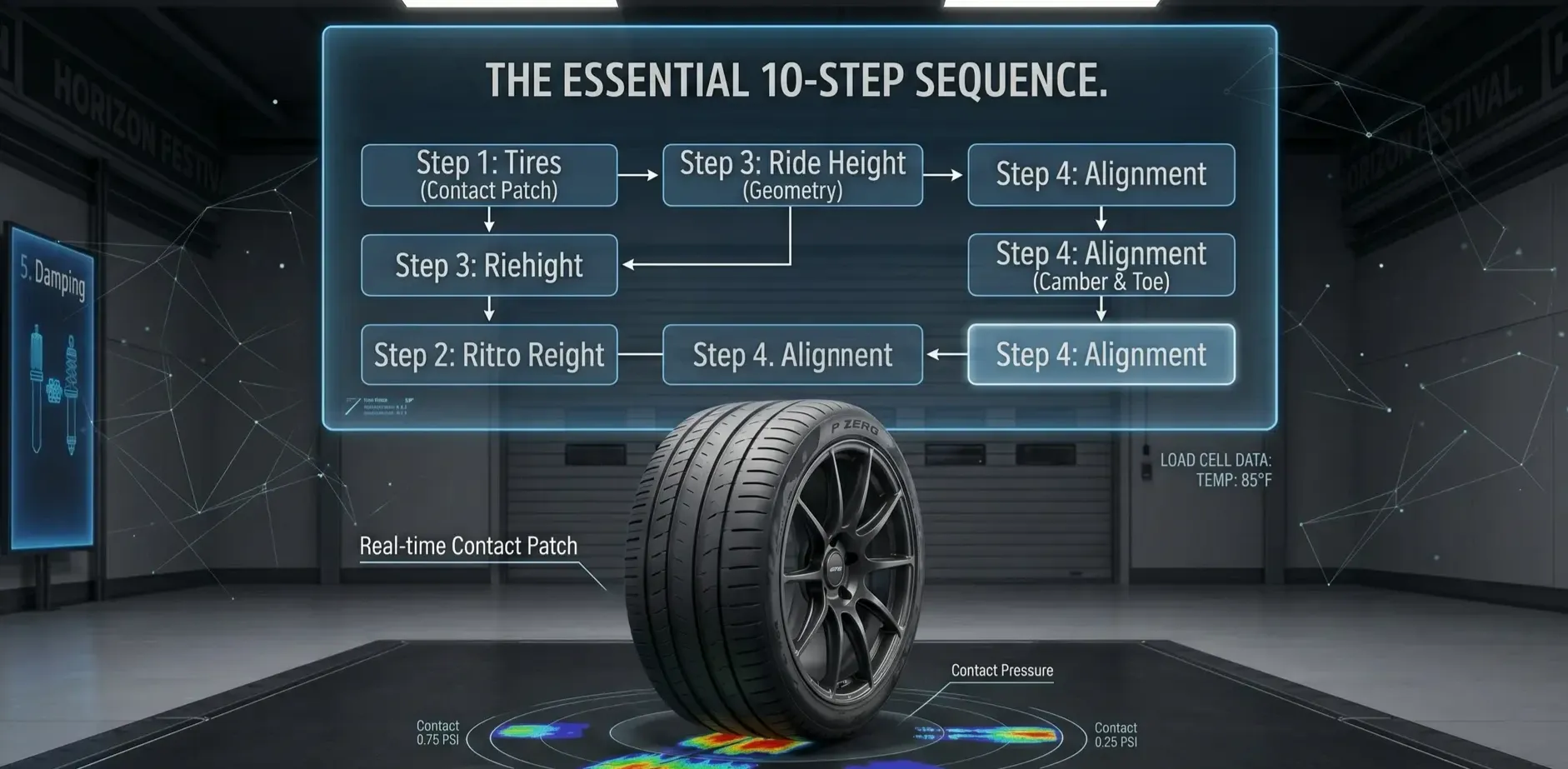 Diagram showing a 10-step car tuning sequence and tire contact patch.