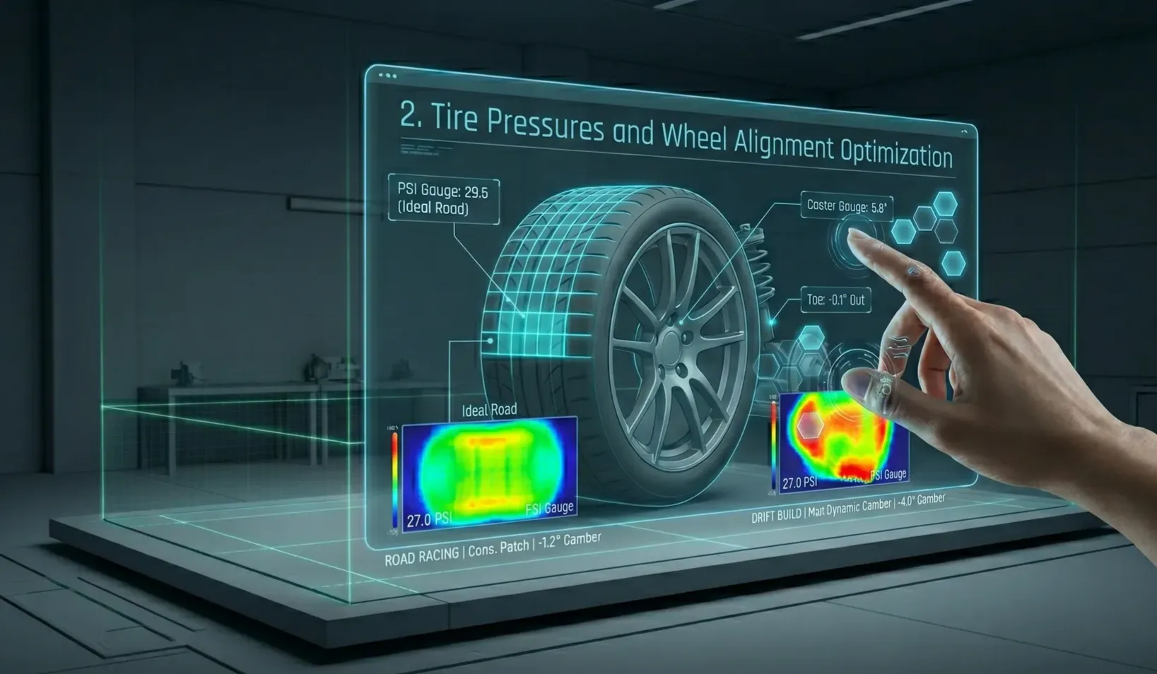 Holographic interface showing tire pressure and alignment data.