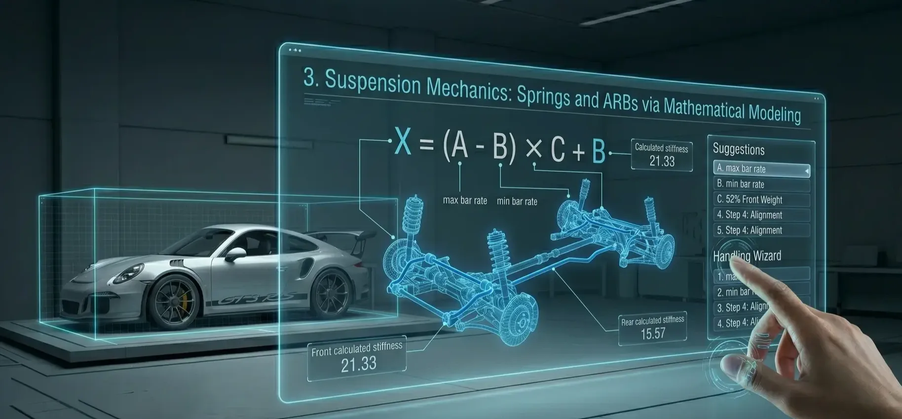 Virtual car suspension analysis with mathematical modeling dashboard.