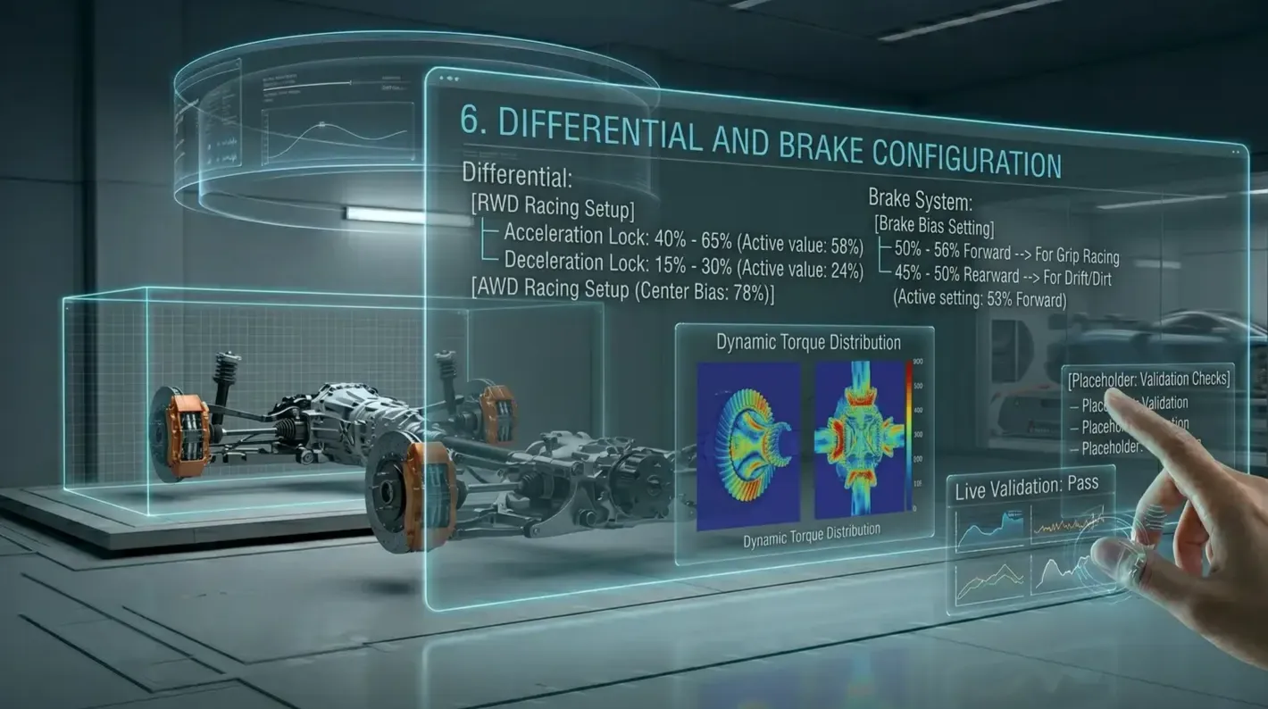 Holographic display showing car brake and differential settings.