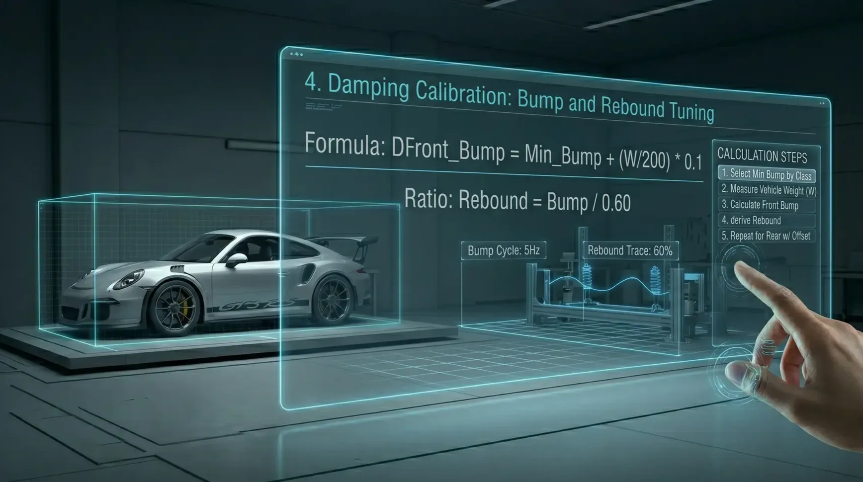 Virtual car in garage with damping calibration interface.