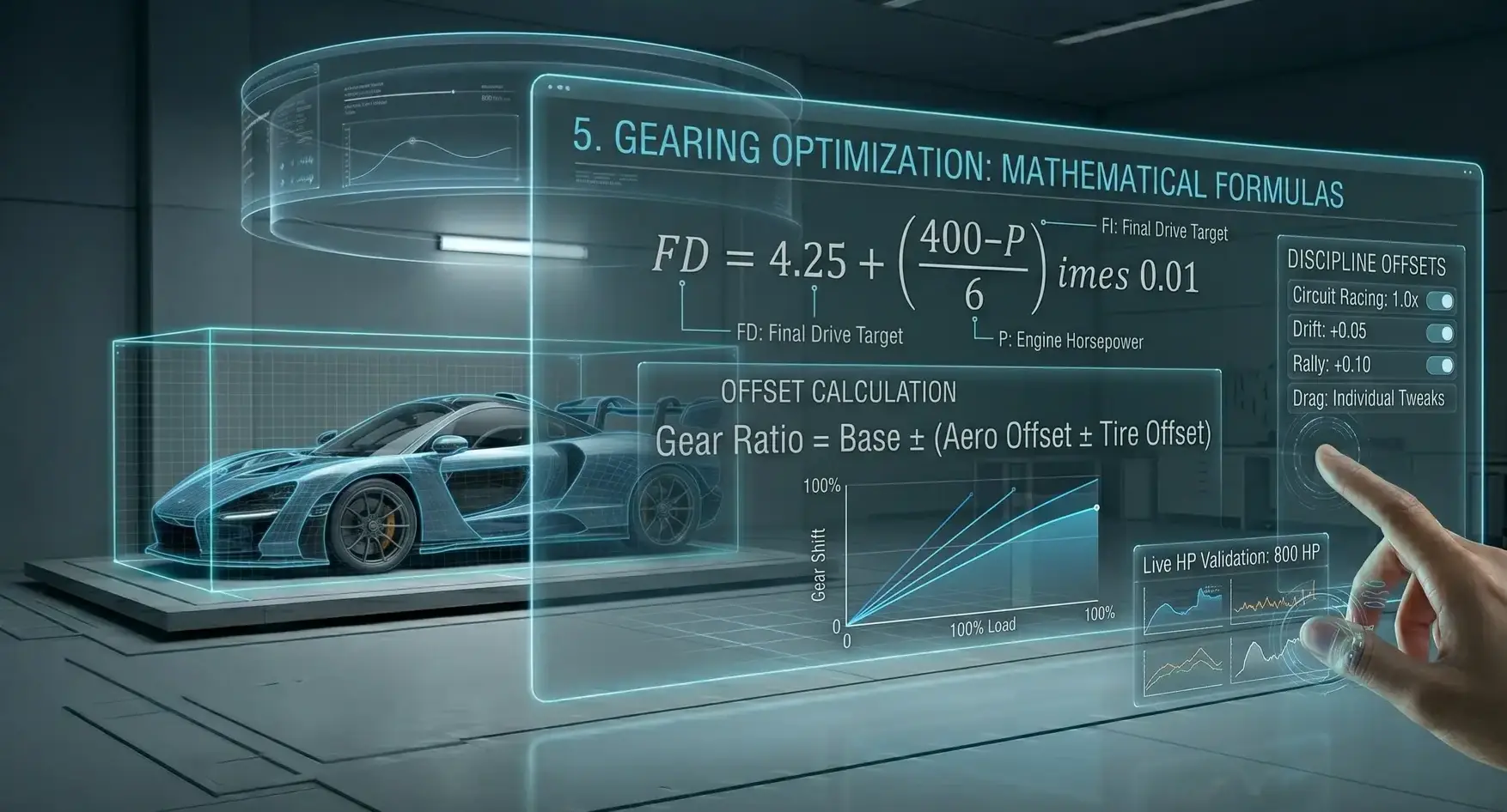 Futuristic car design with digital gear optimization formulas.
