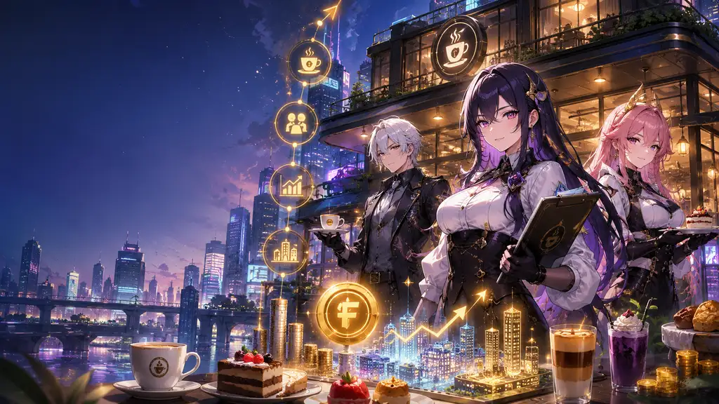 Three stylish characters in a futuristic café with city skyline, showcasing tech and desserts.