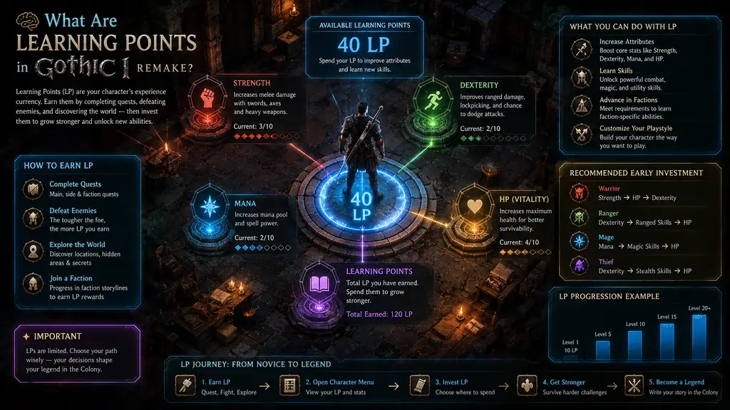Infographic explaining Learning Points in Gothic I Remake, showcasing character development options.