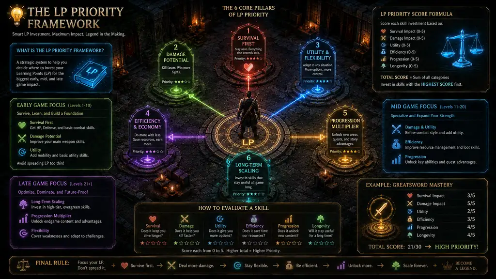 Diagram illustrating the LP Priority Framework for smart skill investment in gaming.