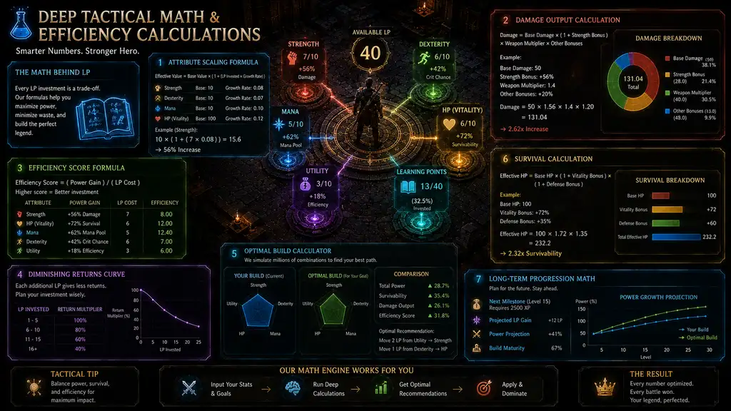 Infographic detailing deep tactical math and efficiency calculations for gaming.