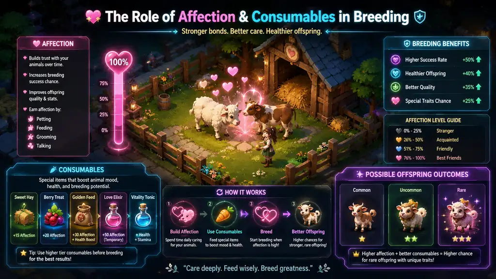 Infographic on animal breeding, highlighting affection and consumables for better offspring.