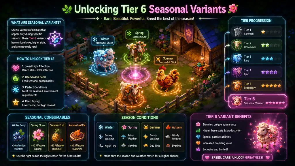 Guide for unlocking Tier 6 seasonal variants in a colorful gaming interface.